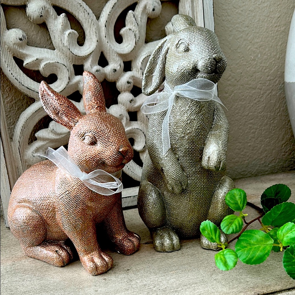 Farmhouse Cottage Shabby Chic Easter Spring Decorative Metallic Bunny Figurines